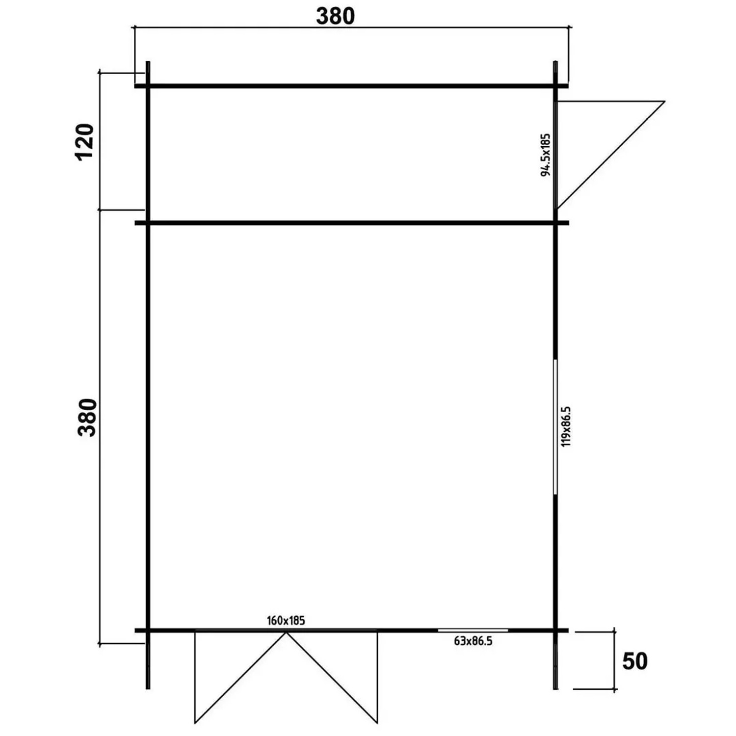 Grundrisszeichnung Alpholz Gartenhaus Jennifer-28, Maße 400x550 cm, unbehandeltes Holz.