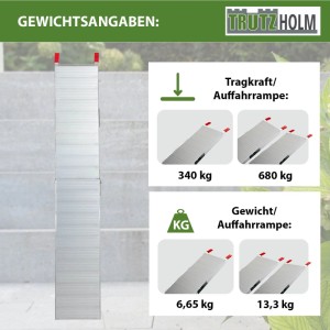 TRUTZHOLM Alu Auffahrrampe: Klappbare Rampe mit 340 kg Tragkraft und 6,65 kg Gewicht. Ideal für Autoanhänger.