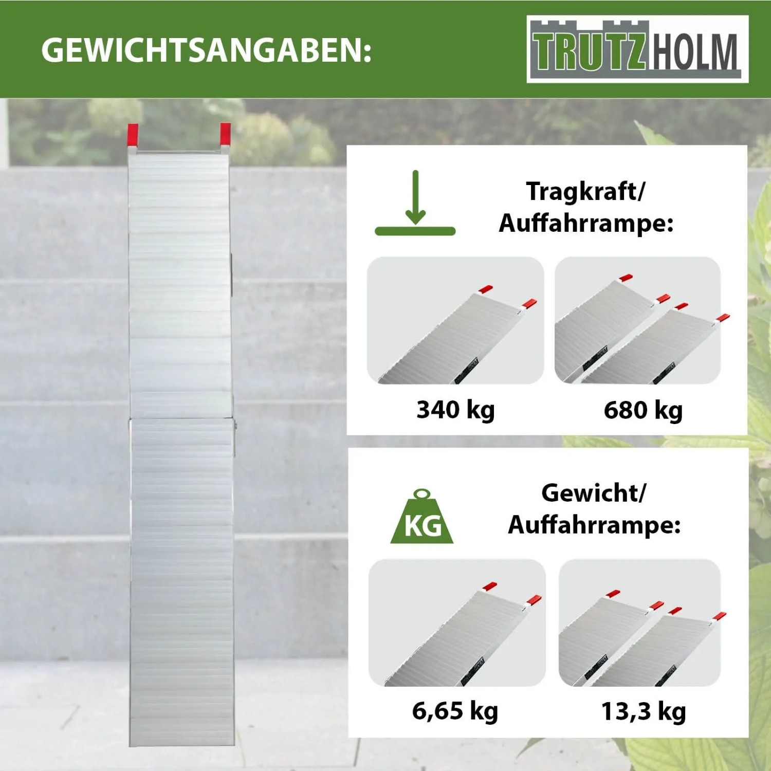TRUTZHOLM Alu Auffahrrampe: Klappbare Rampe mit 340 kg Tragkraft und 6,65 kg Gewicht. Ideal für Autoanhänger.