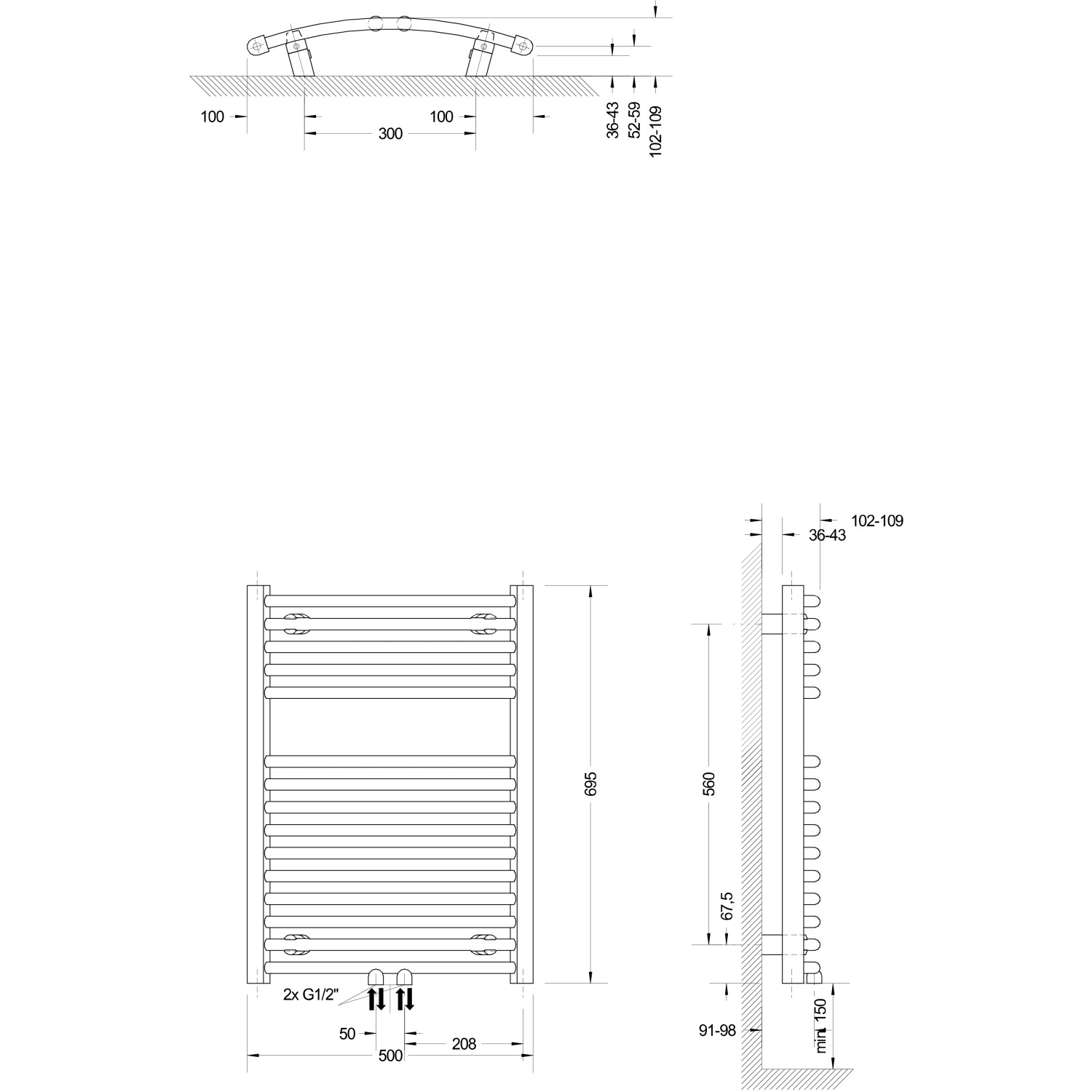 Technische Zeichnung: Schulte Design-Heizkörper Europa, Maße und Anschlüsse für Installation.