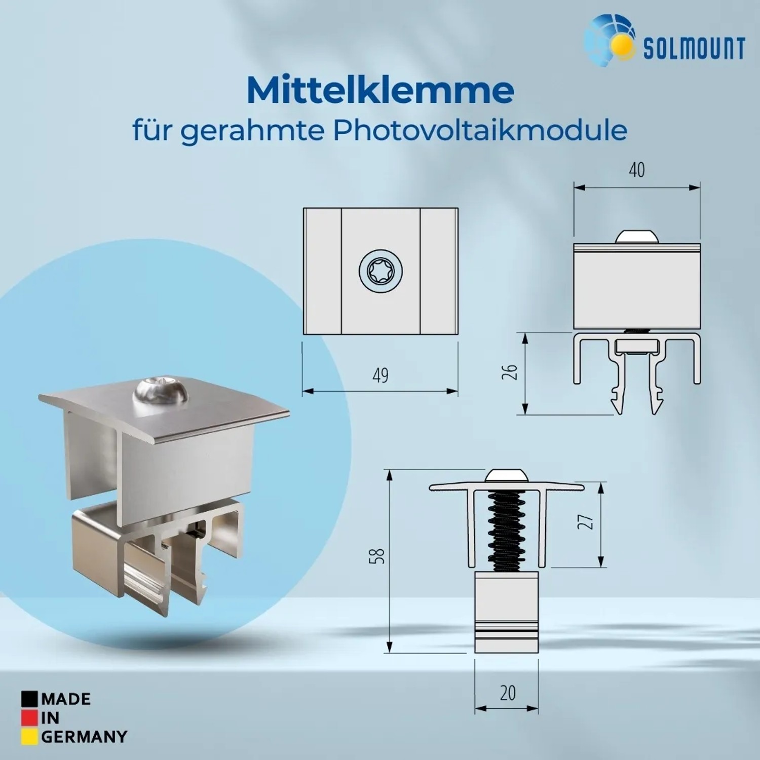 SolMount Mittelklemme aus Aluminium für Solarmodule (27-37mm Modulhöhe).