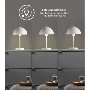 Weiße mokebo LED Tischlampe mit Akku, kabellos und dimmbar, mit drei Helligkeitsstufen.
