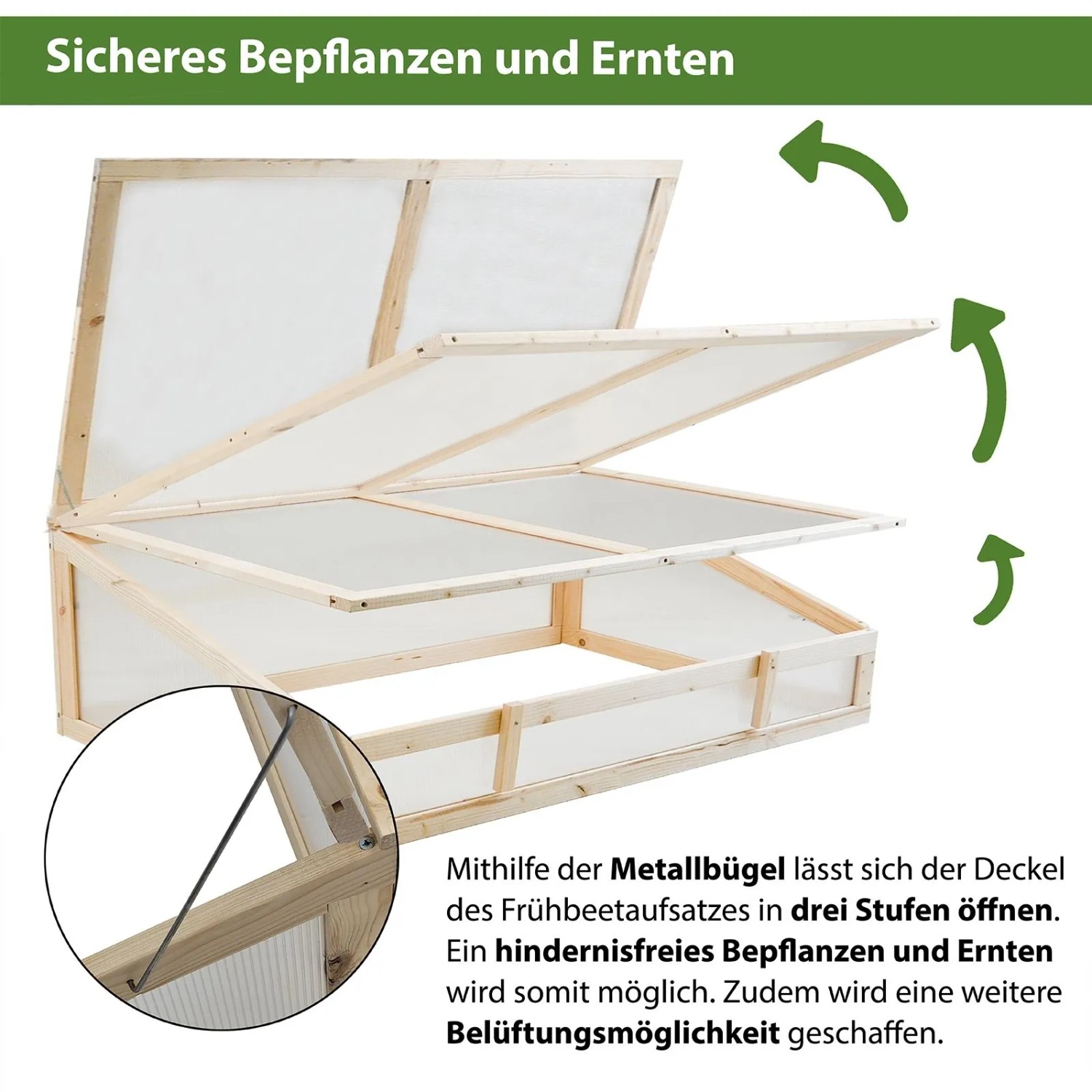 TRUTZHOLM Frühbeetaufsatz aus Holz (120x80cm) für Hochbeete, Deckel in 3 Stufen geöffnet.