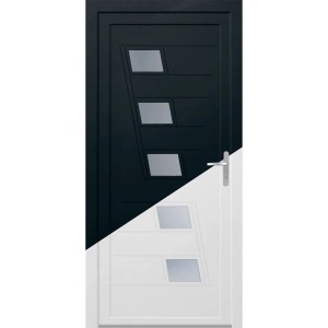 Kunststoff-Haustür K043, innen weiß, außen anthrazit, mit Glaseinsätzen und Griff.