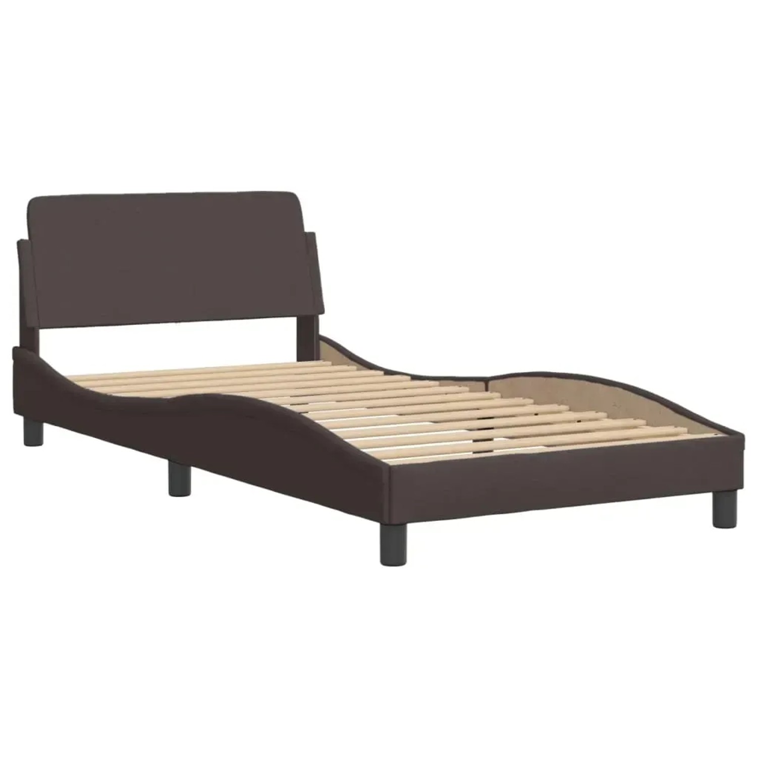 Dunkelbraunes Stoffbett mit Matratze, 100x200 cm, Lattenrost und wellenförmigem Design.