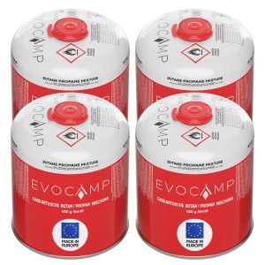 4er-Pack Evocamp Gaskartuschen, 450g Propan/Butan Schraubkartusche mit Eurogewinde und Sicherheitsverschluss.