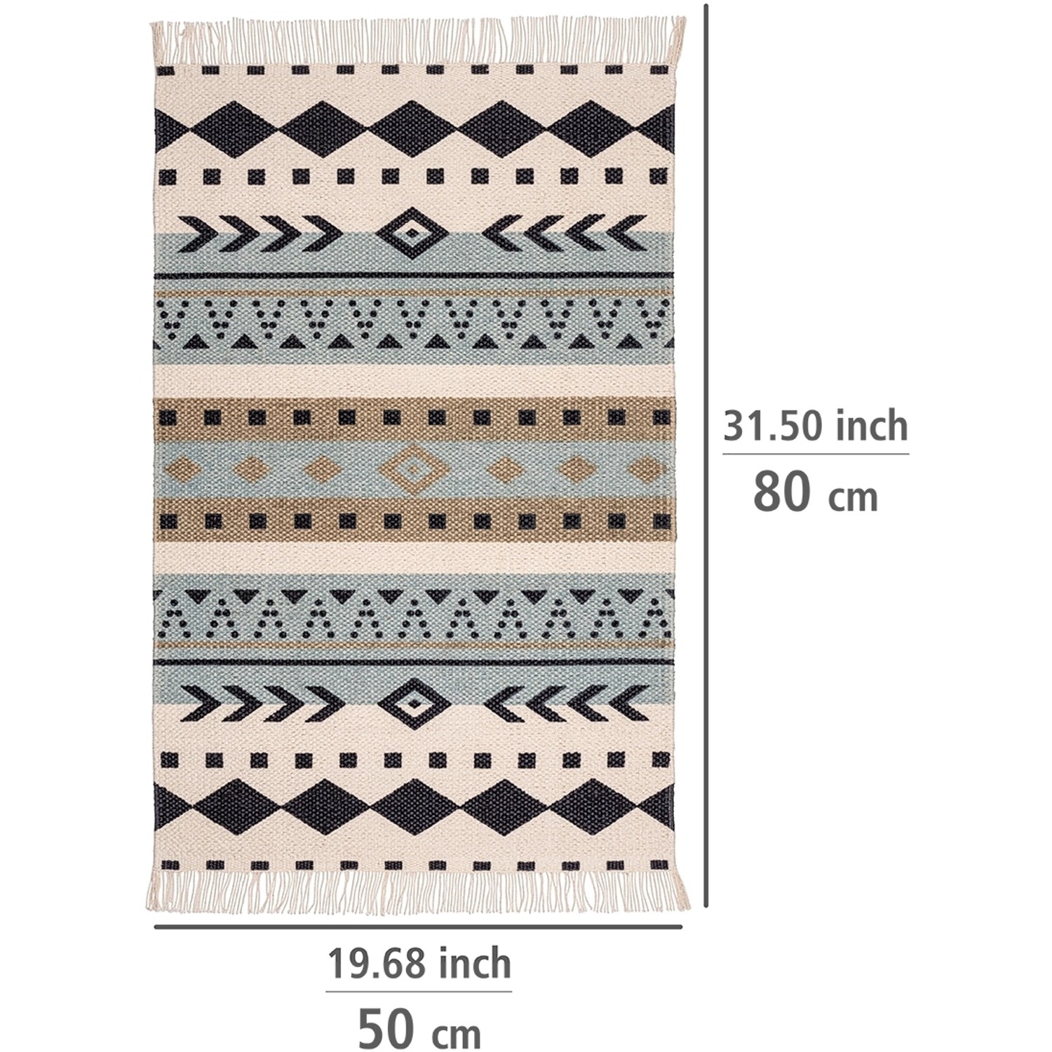 Wenko Badematte Bere aus recycelter Baumwolle mit Ethno-Muster in Beige, Blau und Schwarz.