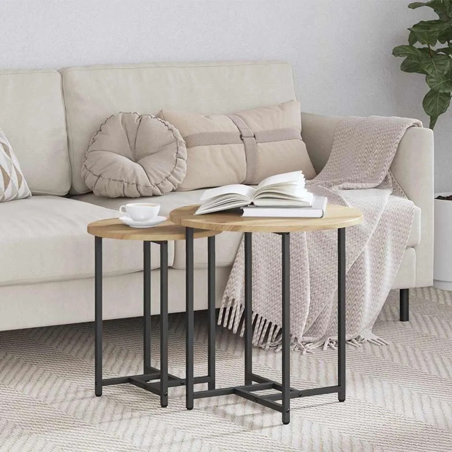 vidaXL Beistelltisch-Set 2-tlg. mit runden Artisan Eiche Platten und schwarzen Metallbeinen, im Wohnzimmer.