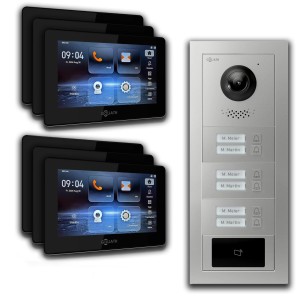 Goliath IP Video Türsprechanlage für 6 Familien mit RFID, 7 Zoll Monitoren und Unterputz Aussenstation.