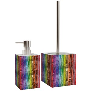 Sanilo Bad-Set Rainbow: Seifenspender und WC-Bürste mit farbigem Holz-Design.