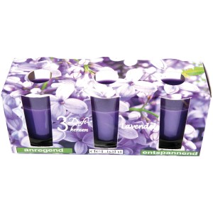 HS Candle Duftkerzen Classic 12er Pack Lavendel im lila Blumenkarton.