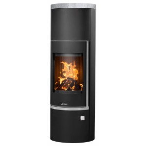 Justus Kaminofen Faro W+ 2.0, Stahl Schwarz mit Speckstein Grau, 7 kW. Kamin für gemütliche Wärme.