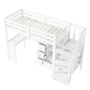 KOMHTOM Hochbett 90x200Cm Mit Geländer Schreibtisch Schubladen Offener Stauschrank Und Verstaubare Trittleiter Weiß Ohne Matratze