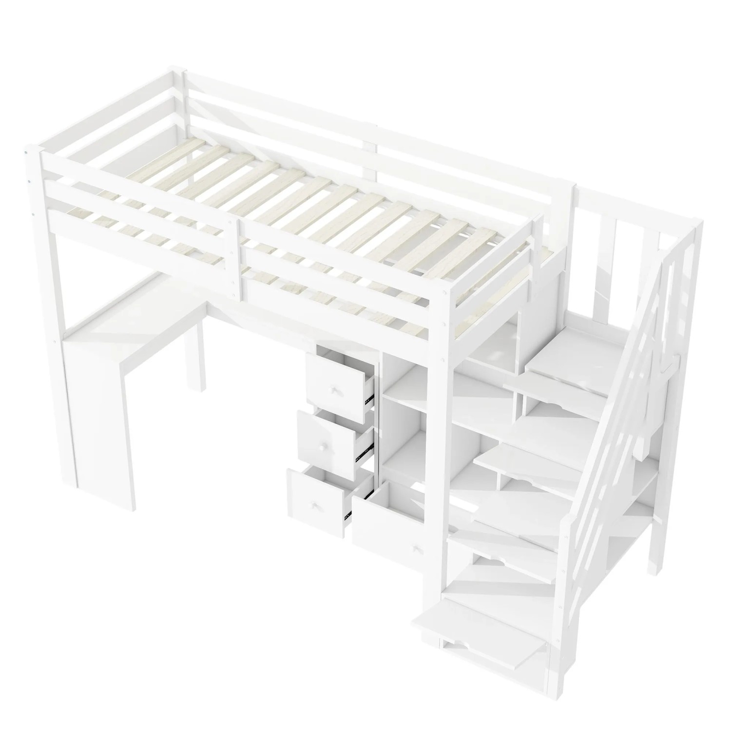 KOMHTOM Hochbett 90x200Cm Mit Geländer Schreibtisch Schubladen Offener Stauschrank Und Verstaubare Trittleiter Weiß Ohne Matratze