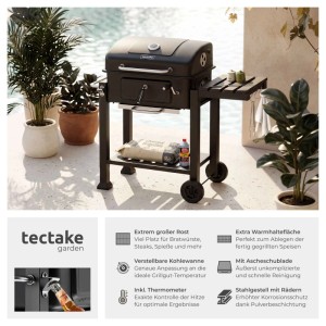 Tectake Holzkohlegrill Florian Mit 2 Rädern Regulierbare Luftzufuhr und Thermometer  64 x 110 x 104 cm Schwarz