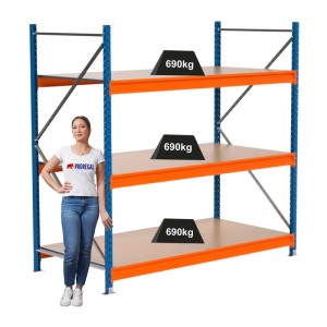 PROREGAL Industrie Weitspannregal Lagerregal MAXIMUS PRO Grundregal HxBxT 200x200x100cm 3 Spanplatten-Fachboden Fachlast 690kg Blau/Orange