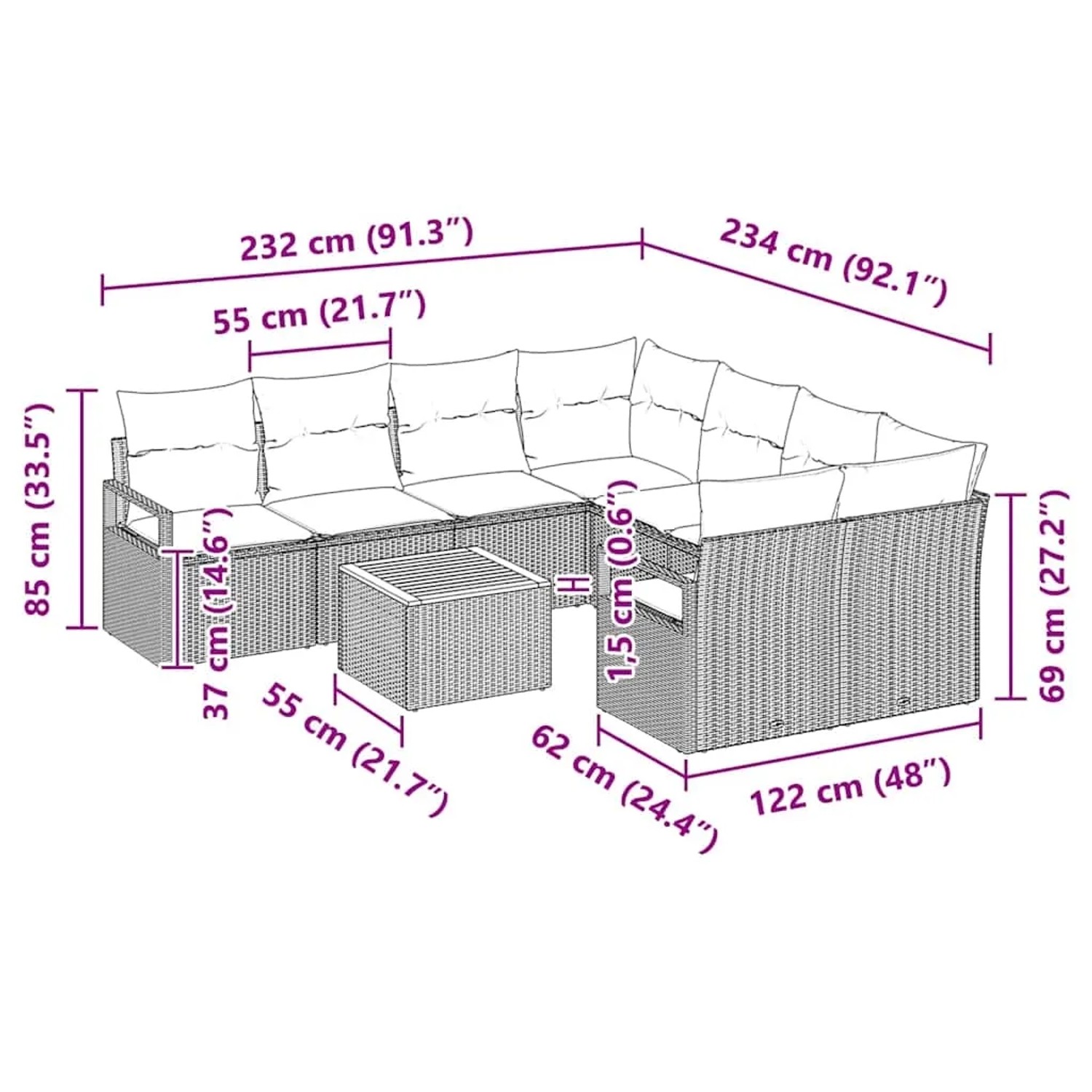vidaXL Garten-Sofa-Set, 9-teilig, schwarz/weiß, Rattan, mit Tisch. Ideal für Terrasse und Garten.