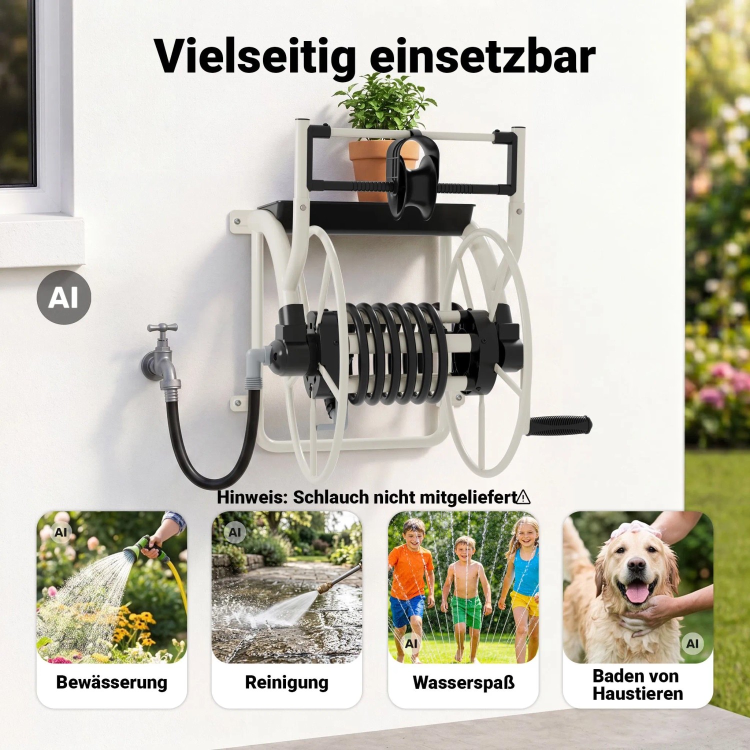Xpotool Metall-Schlauchtrommel zur Wandmontage mit Handkurbel und Ablage, vielseitig für Gartenbewässerung.