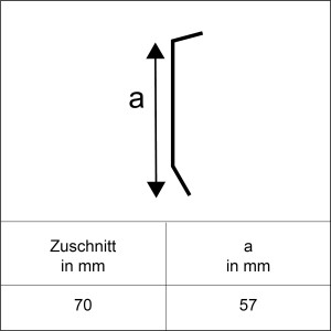 Skizze einer Alu Kappleiste (Zuschnitt 70 mm x 1000 mm) mit Maßangaben für Dachbleche.