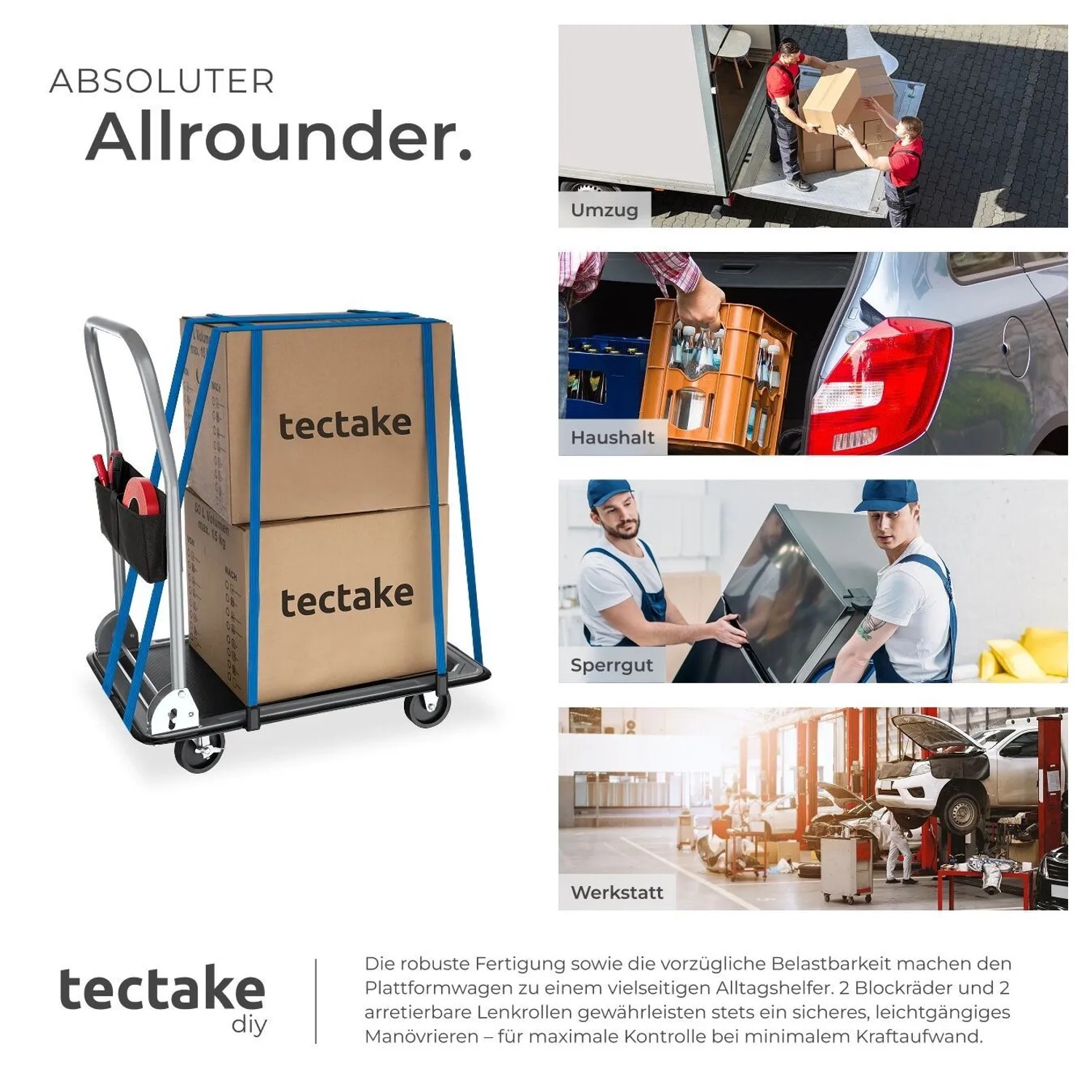 Tectake Plattformwagen  Klappbarer Handgriff Mit Aufbewahrungsfach 2 Block  und 2 Drehrollen  73 x 47 x 83 cm Schwarz_5