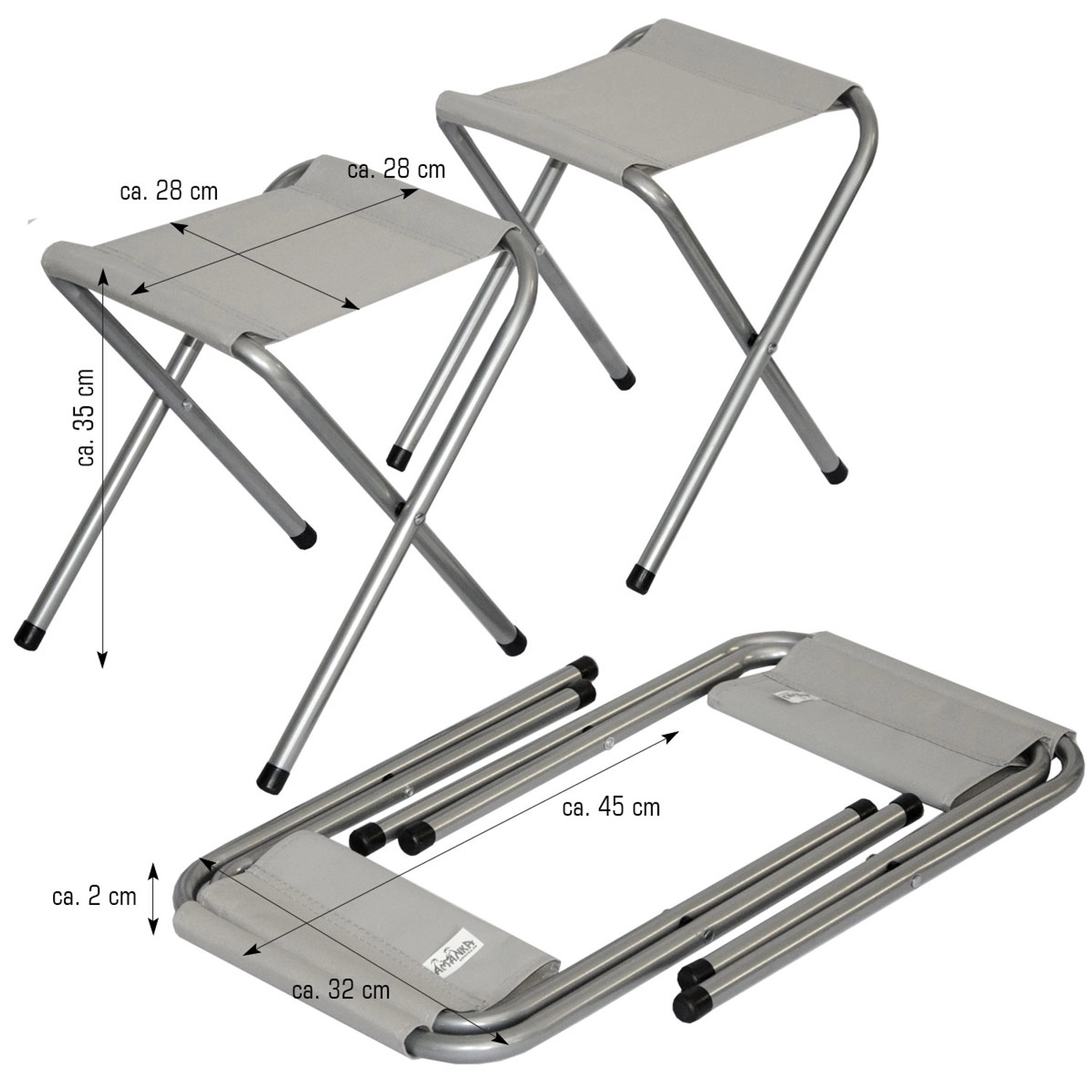AMANKA Falthocker, 2 Stück, grau, für Campingtisch, zusammengeklappt und aufgebaut.