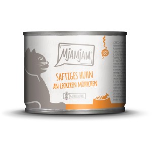 Mjamjam Katzen-Nassfutter Saftiges Huhn mit Möhrchen, 200g Dose.