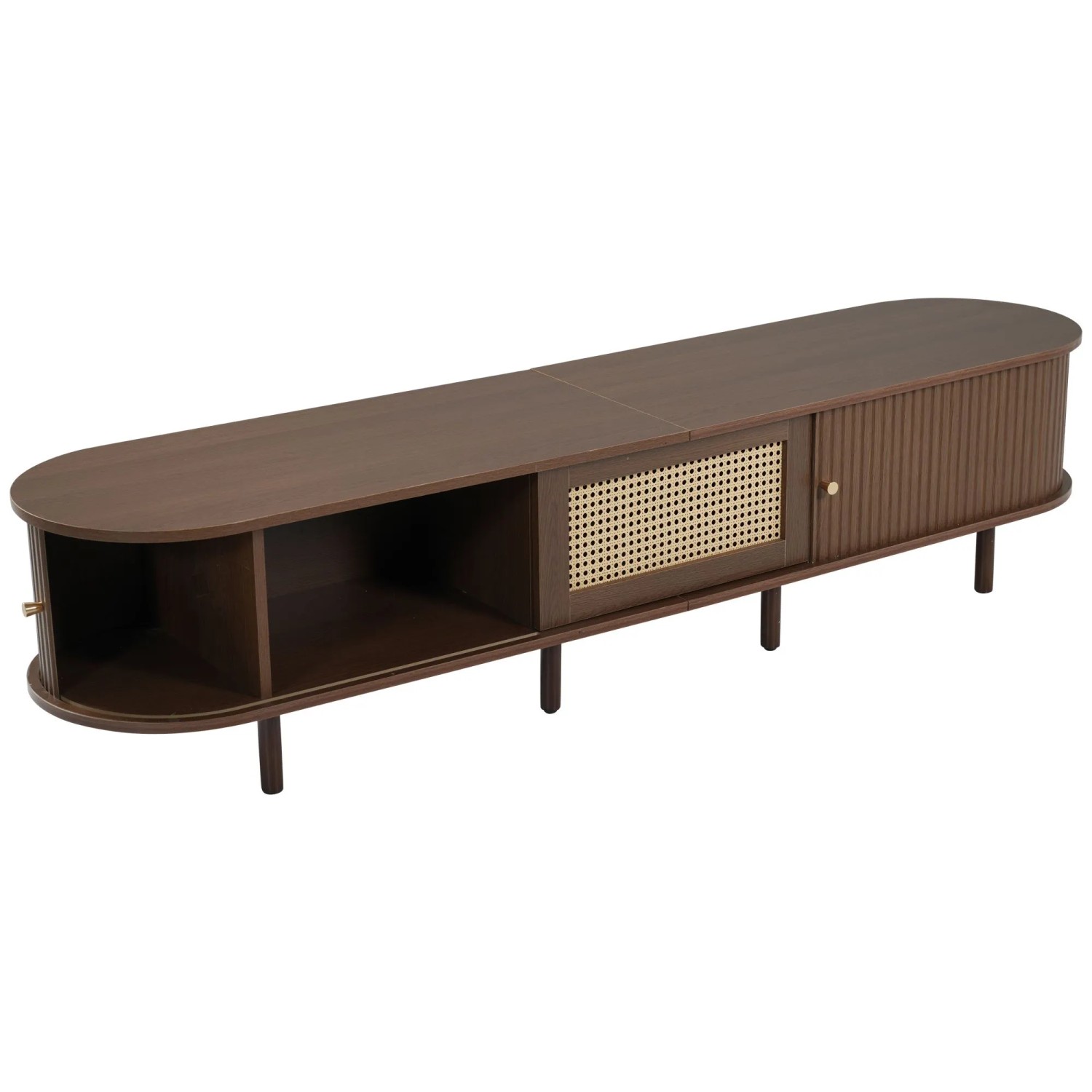 ModernLuxe TV Lowboard Oval mit 2 Schiebetüren 1 Schublade aus Rattan MDF Dunkles Nussbaum