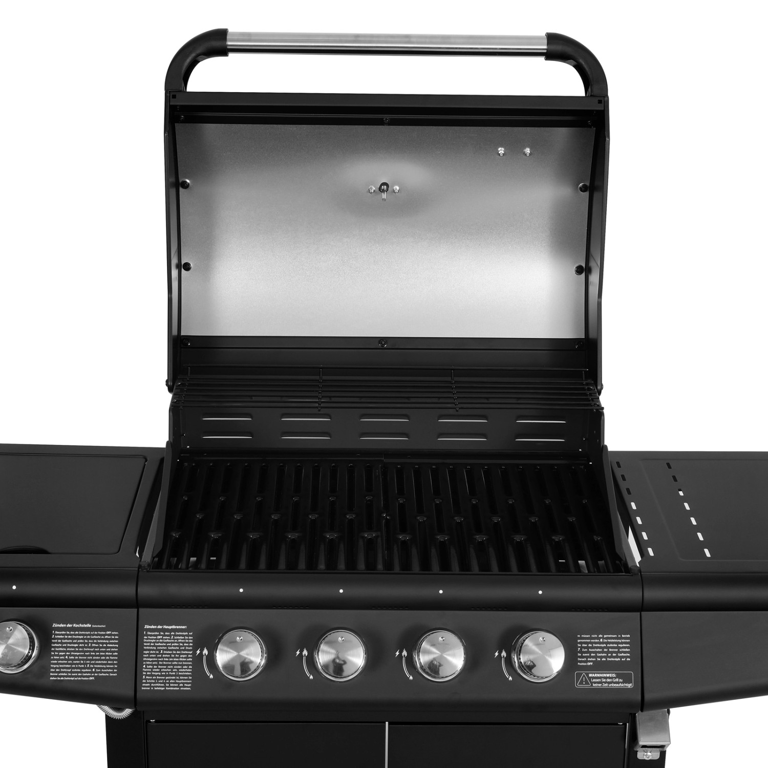 Schwarzer Taino Red 4+1 Gasgrill mit Edelstahlbrennern und geöffnetem Deckel.