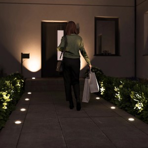 Szene mit Viskos Bodenstrahlern: Frau geht auf beleuchtetem Weg zum Haus. Außenleuchten setzen Akzente.