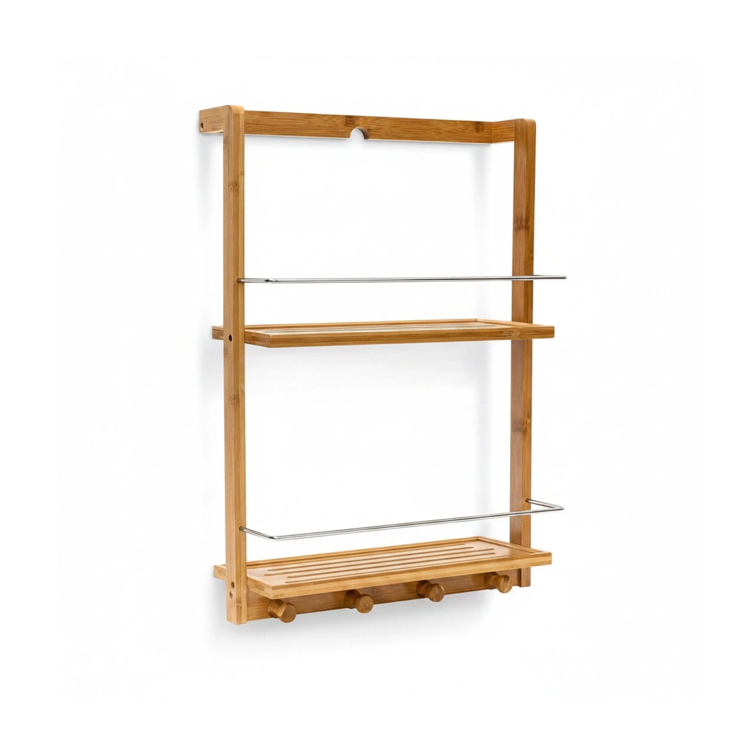Relaxdays Duschregal Bambus Metall mit 4 Haken 53 cm x 38 cm x 15,5 cm 1,2 kg