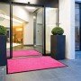 Pinke Primaflor Schmutzfangmatte Clean 60x180 cm vor Eingangstür mit Pflanzen.