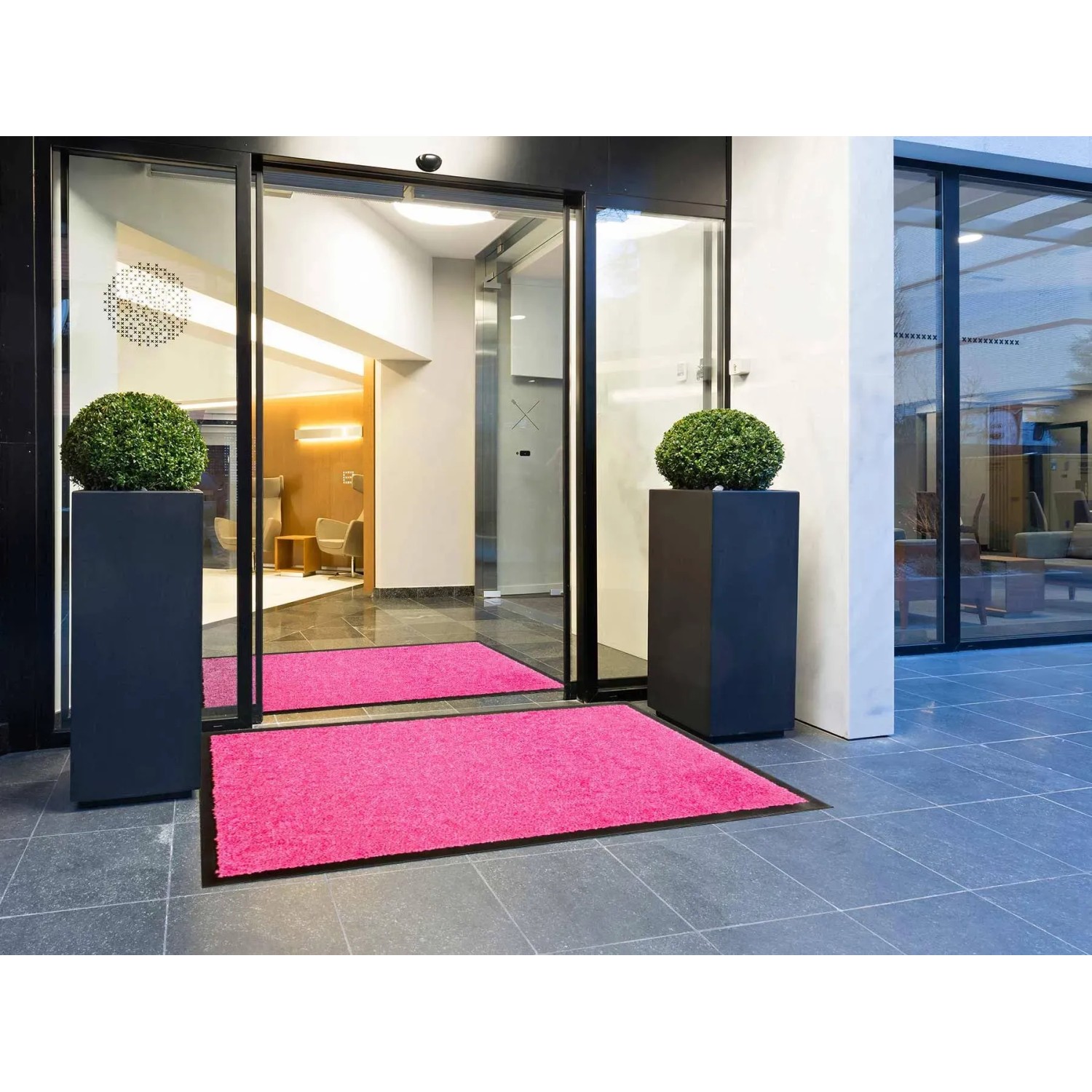 Pinke Primaflor Schmutzfangmatte Clean 60x180 cm vor Eingangstür mit Pflanzen.