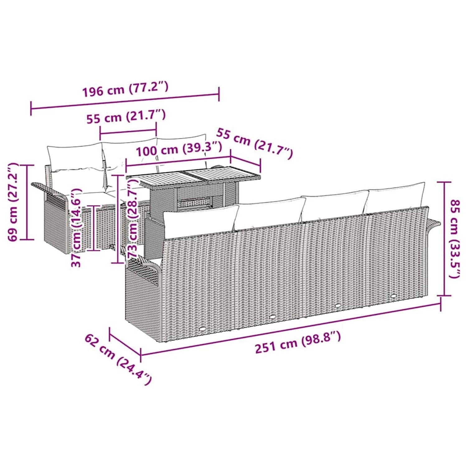 vidaXL Garten-Sofa-Set 8-tlg grau Poly Rattan mit Maßen. Ideal für Terrasse und Garten.
