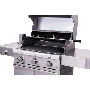 Char-Broil Premium Drehspieß Set aus Edelstahl für Grill, mit Motor und Gabeln.