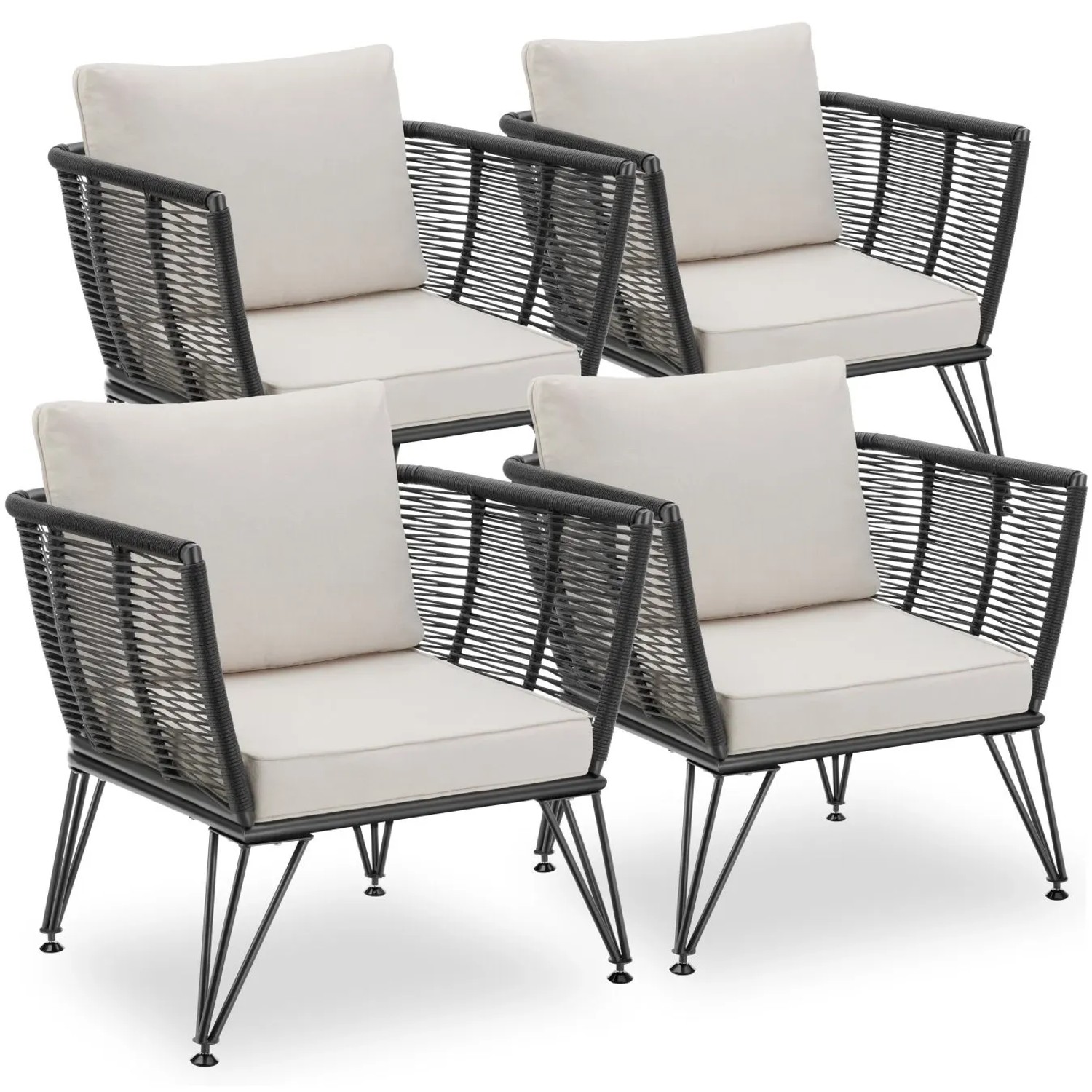 Tectake Garten Loungesessel  Sundo Rundes Polyrattan Im Rope Design Dicke Der Sitzpolster 8 cm 4Er 67 x 75 50 x 71 cm Anthrazit