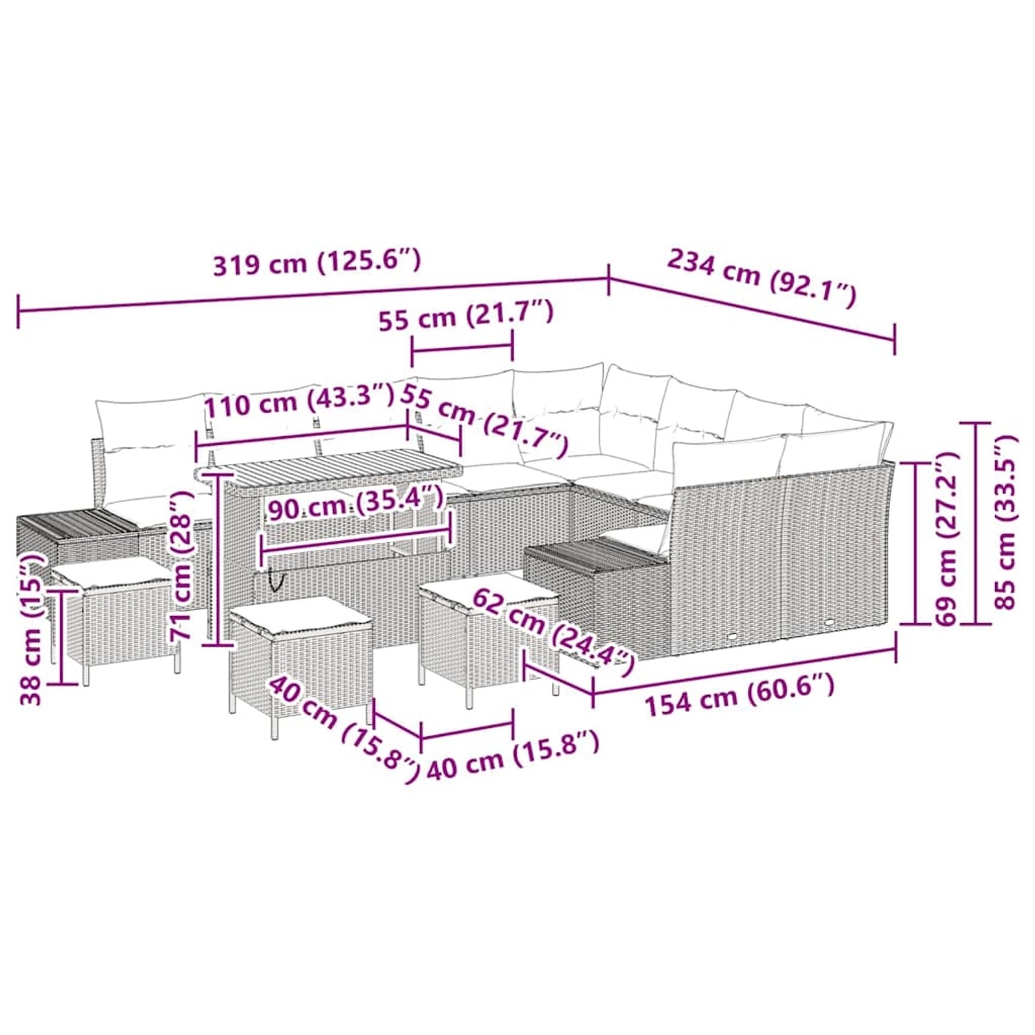 vidaXL Gartenmöbel-Set Beige, 13-teilig, Poly Rattan mit Stauraum und Maßen.