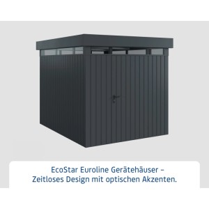 EcoStar Gerätehaus Euroline, anthrazit, mit Flachdach und Lichtband.