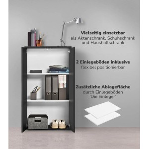 Offener, anthrazitfarbener mokebo Midischrank mit zwei Einlegeböden, als Büroschrank oder Mehrzweckschrank.