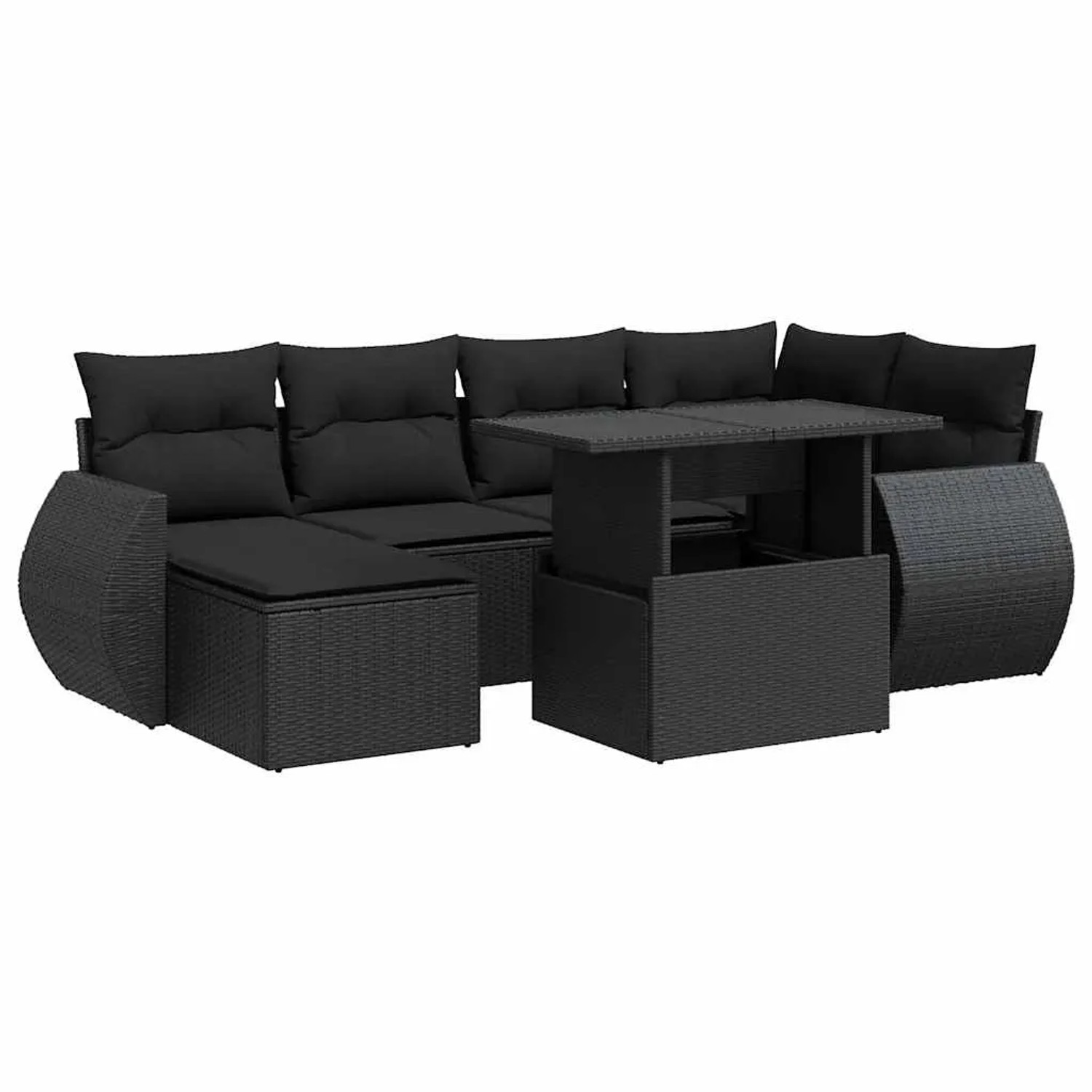 vidaXL 7-Tlg Garten-Sofagarnitur mit Kissen Schwarz Poly Rattan 3326666