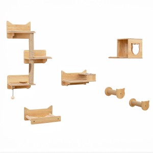 Costway Katzenbaum Wand Kletterbaum Holz Natur 6 PCS mit 3 Plattformen