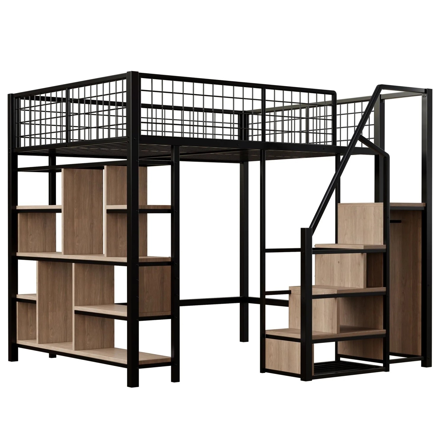 okwish Hochbett 140x200cm mit Stauraum Treppe Kinderzimmer Schwarz ohne Matratze