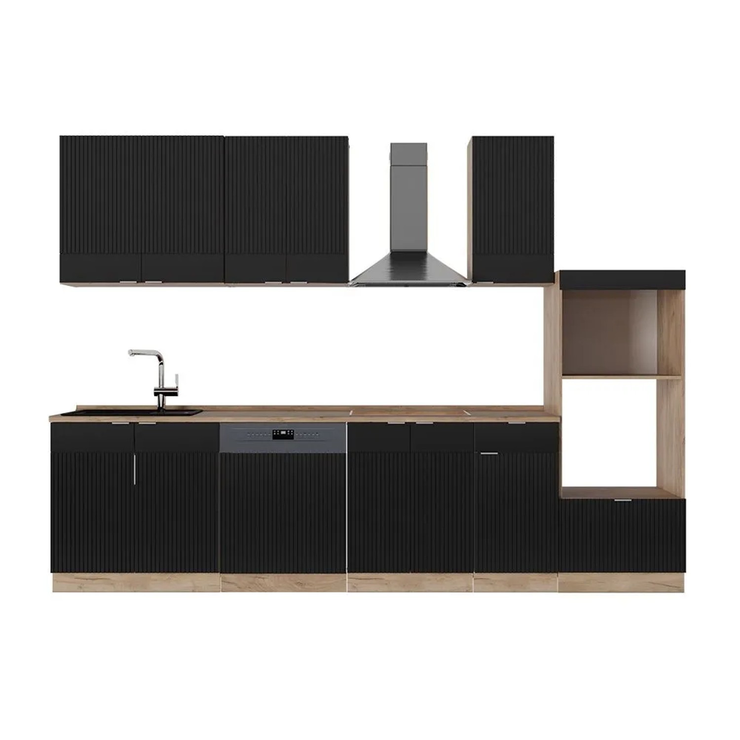 Vicco Fame-Line Küchenzeile Schwarz Gestreift Goldkraft Eiche 300 cm mit HochschrankAP Eiche ohne E-Geräte