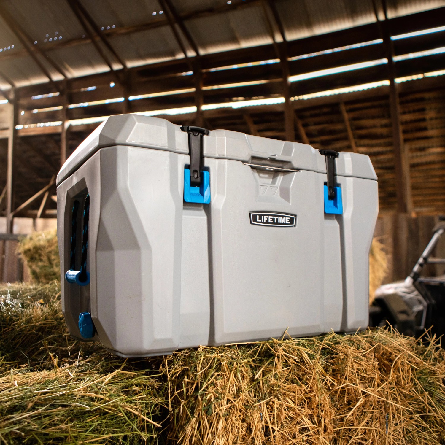 Graue Lifetime Kühlbox Premium 73L mit Tragegriffen auf Heu. Campingbox für kalte Getränke.
