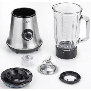 Severin Standmixer SM 3734, Edelstahl/Schwarz, mit Glaskrug und Zubehör.