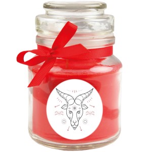 Rote Duftkerze im Glas mit Sternzeichen Steinbock und Schleife, 30h Brenndauer.