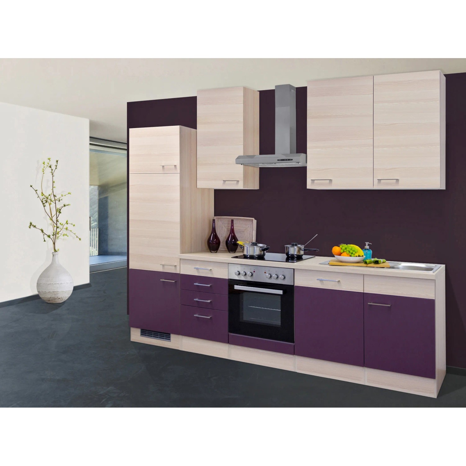 Flex-Well Exclusiv Küchenzeile Focus 280 cm Akazie-Aubergine