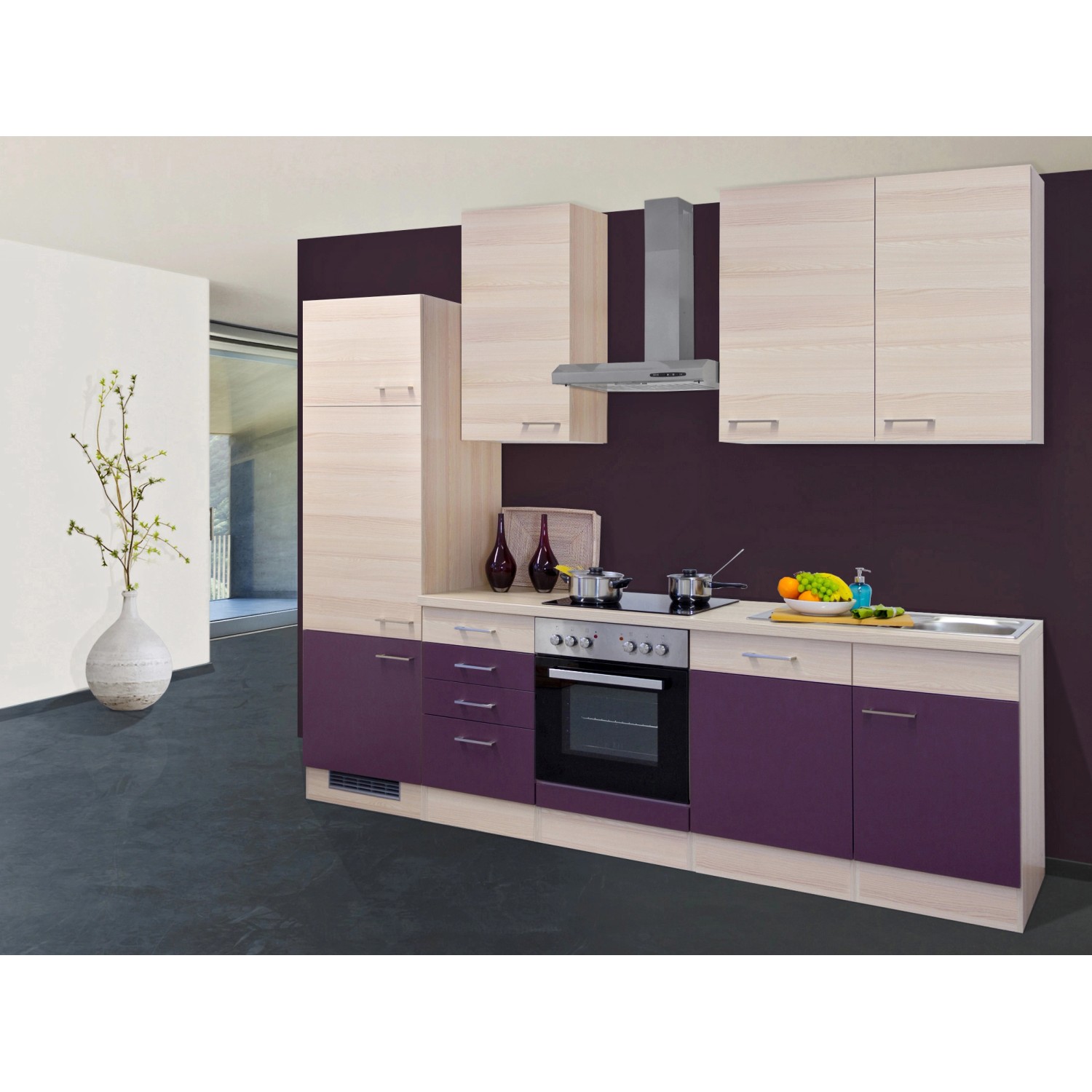 Flex-Well Exclusiv Küchenzeile/Küchenblock Focus 280 cm Akazie-Aubergine