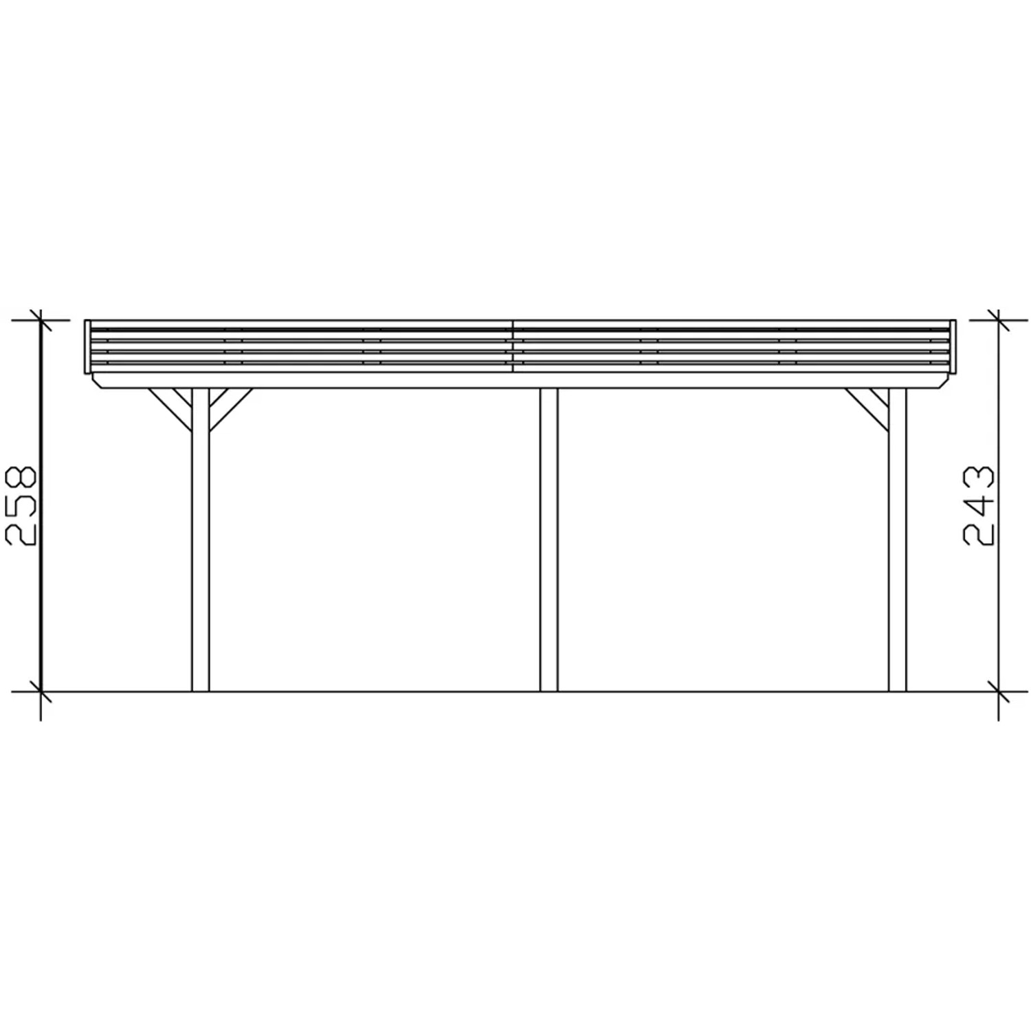 Technische Zeichnung: Skan Holz Carport Spessart, 611x604 cm, weiße Leimholz-Konstruktion mit Aluminium-Dachplatten.