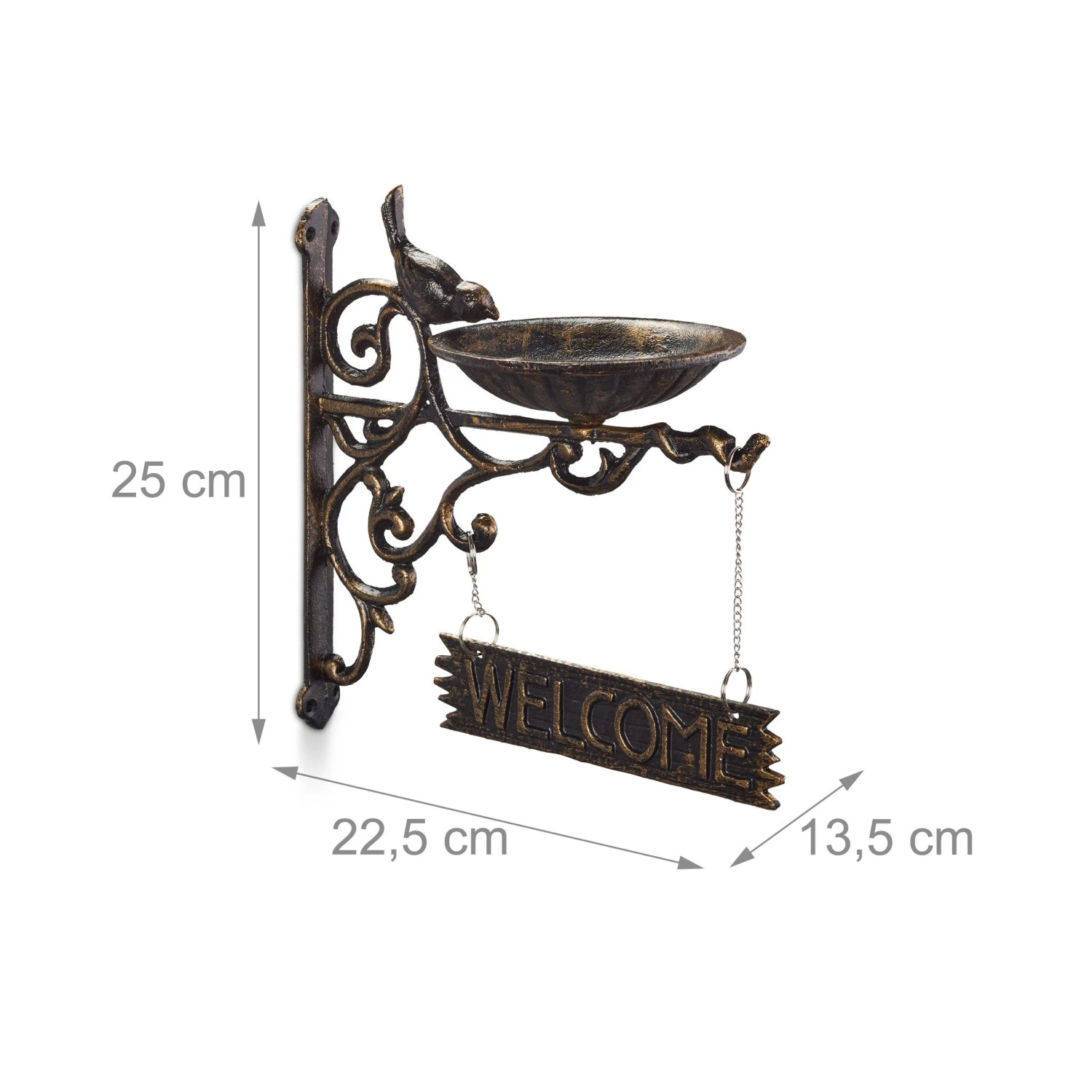Relaxdays Vogeltränke Gusseisen Bronze Wetterfest mit Welcome Schild 25 cm x 22,5 cm x 13,5 cm 1,35 kg_4