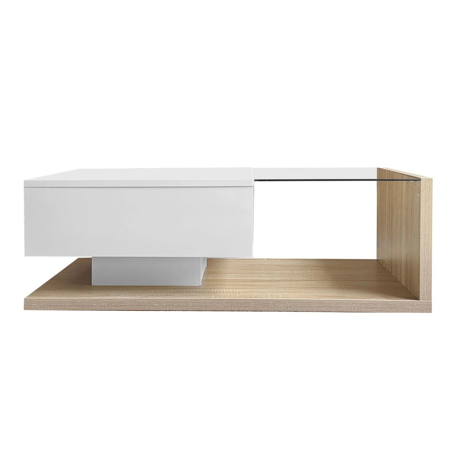 ModernLuxe Couchtisch Hochglanz mit Glasablage,ed 1 Schublade Spanplatte Weiß Natur